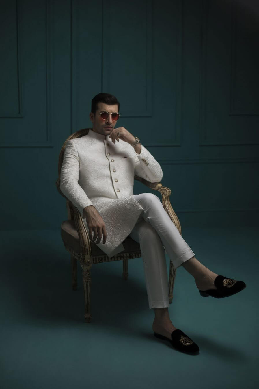 White Self Embossed Sherwani humyaunalamgir