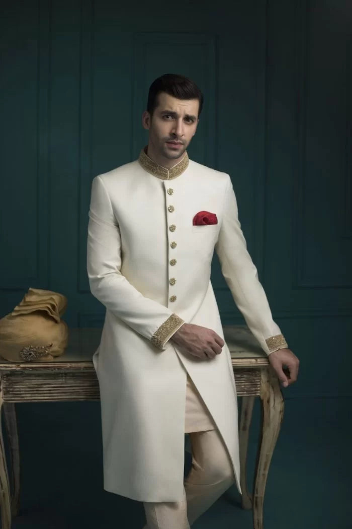 Off White Vital Suiting Fabric Sherwani Brand Shoot humyaunalamgir