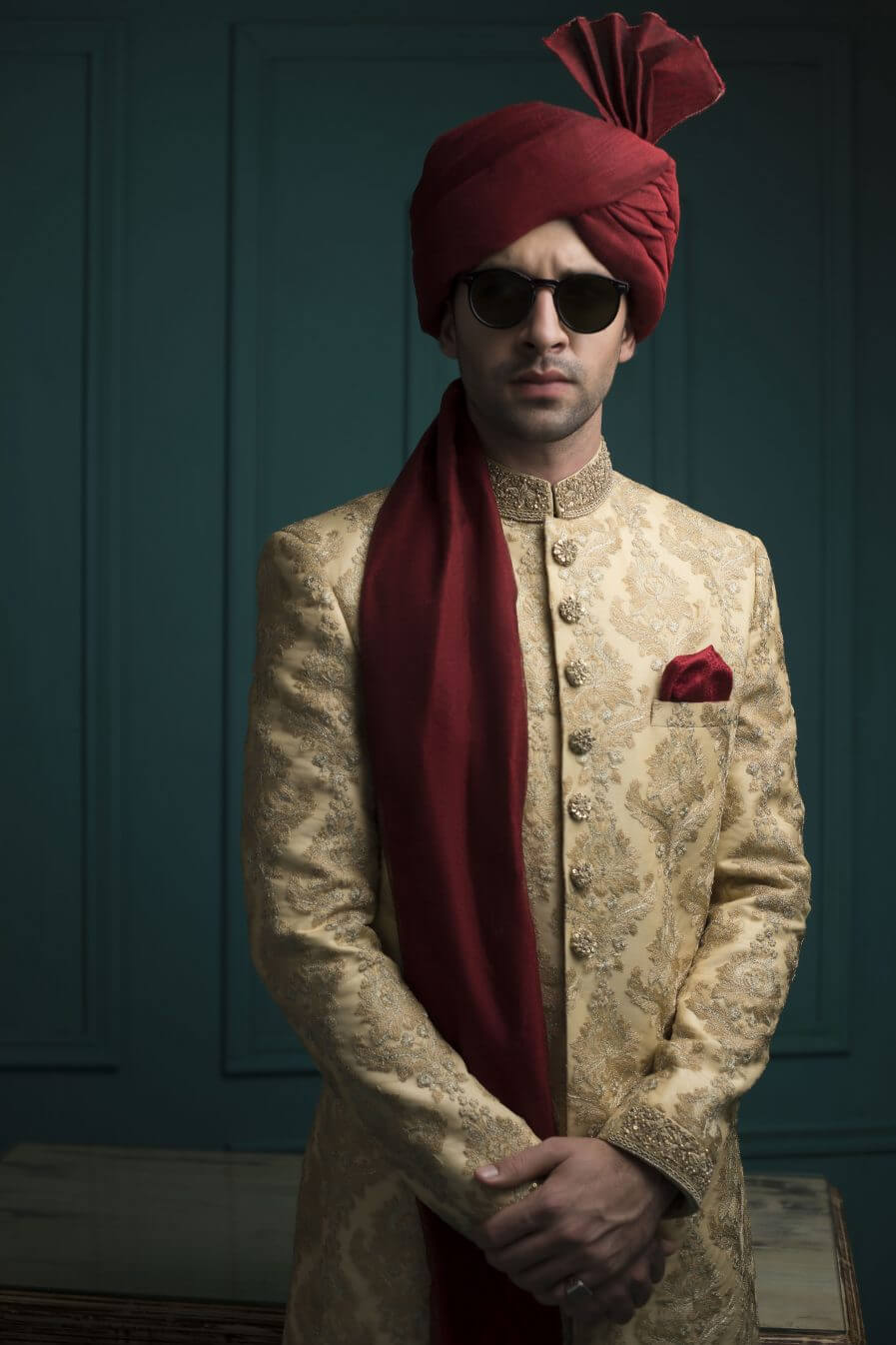 Formal Beige Self-Embossed Sherwani humyaunalamgir S